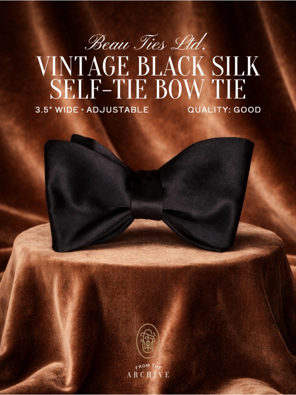 Vintage Black Silk Formal Bow Tie Self-Tie Adjustable Beau Ties 3.5" Wide